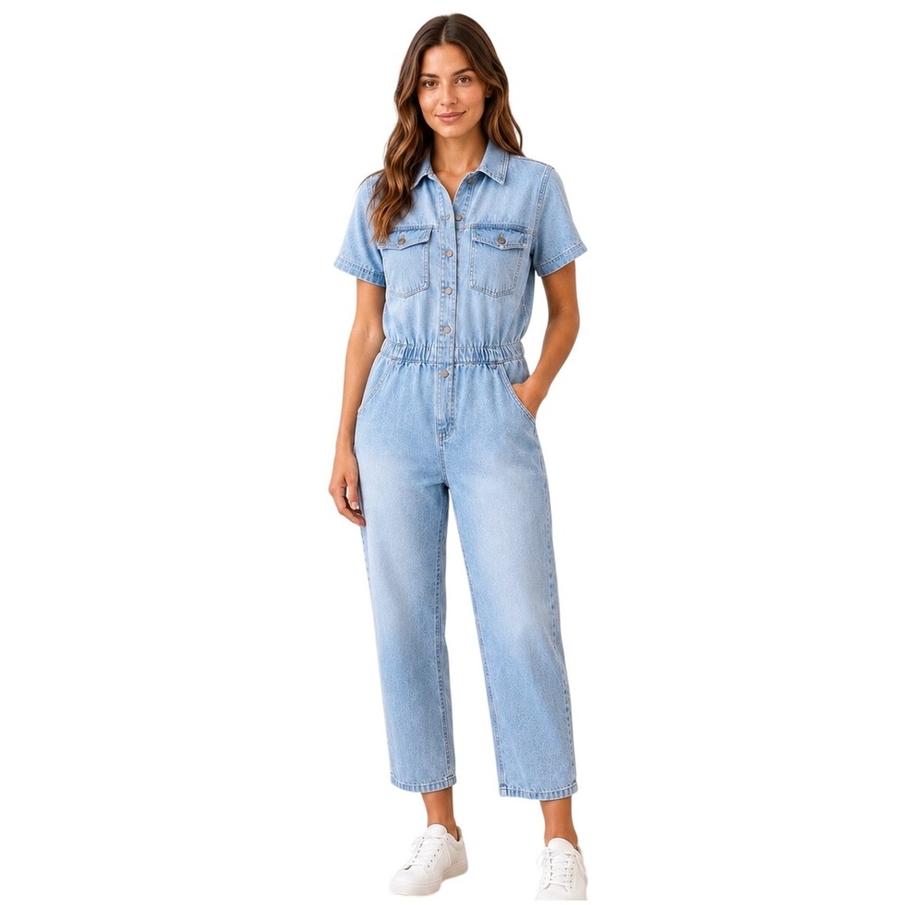 We The Free Free People Marci Denim Jumpsuit Light Wash Blue Short Sleeve S